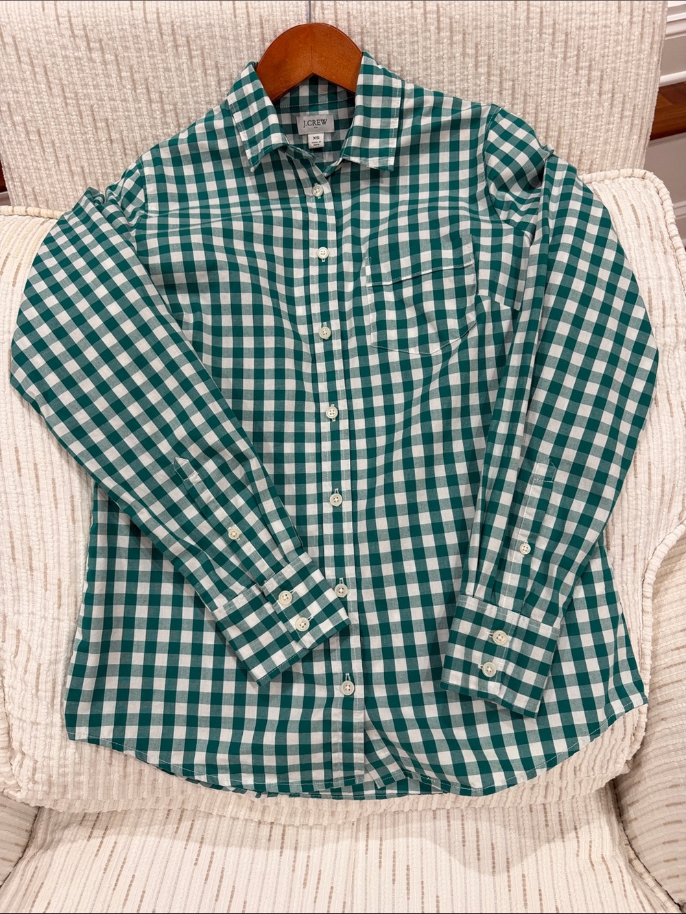 J Crew Green Gingham Plaid Stretch Perfect Shirt XS Classic Button Down Top